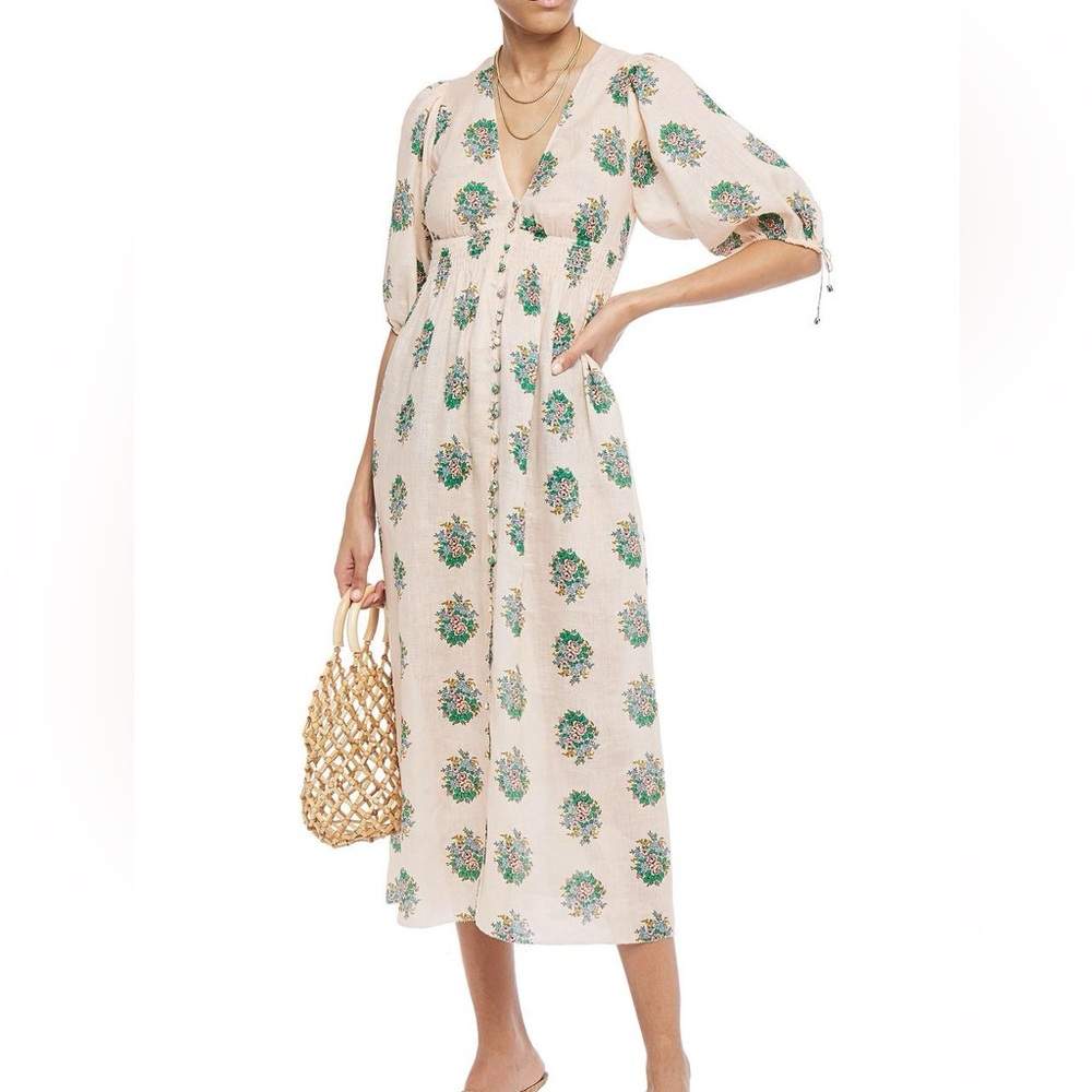 Zimmermann verity shirred linen floral puff sleeve dress size 2